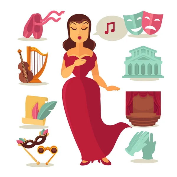 Différents éléments de théâtre et femme chantante — Image vectorielle