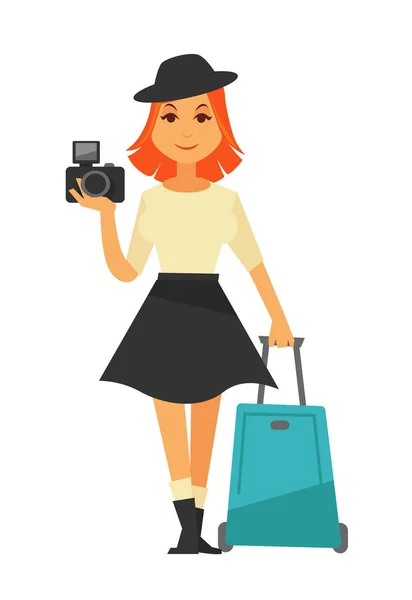 Young woman holding black camera — Stock Vector