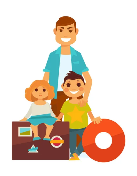 Pai com crianças perto de sacos de viagem — Vetor de Stock