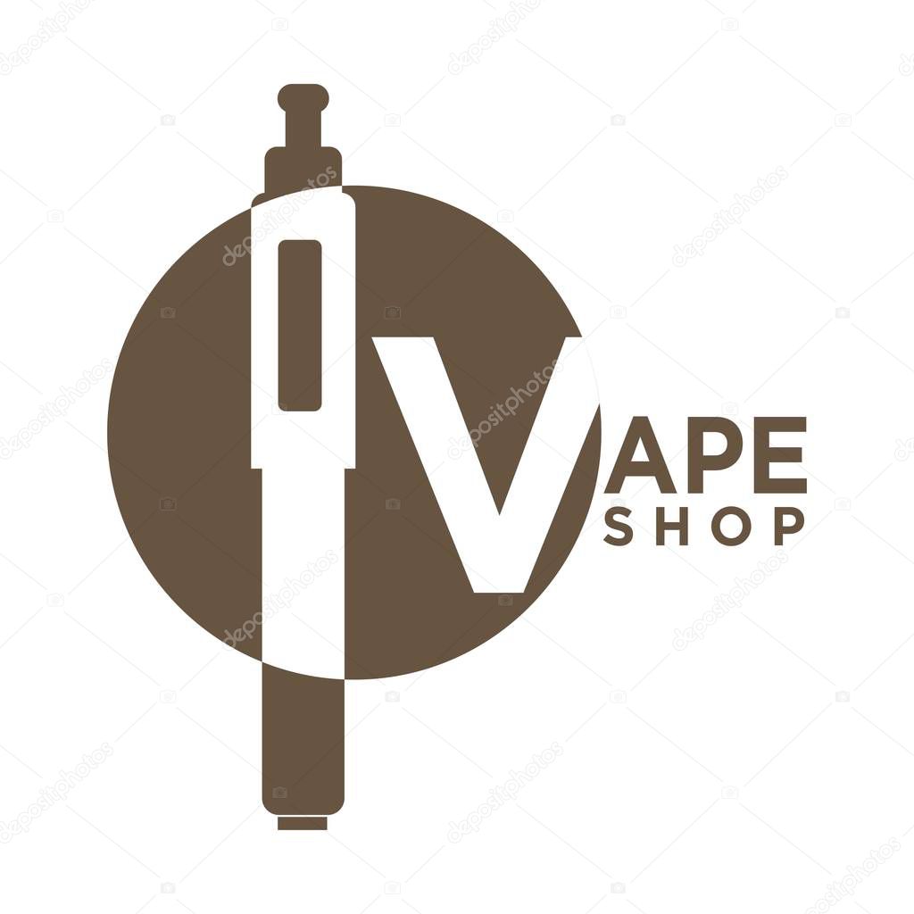 Vector illustration of vape shop emblem with electronic cigarette isolated on white.