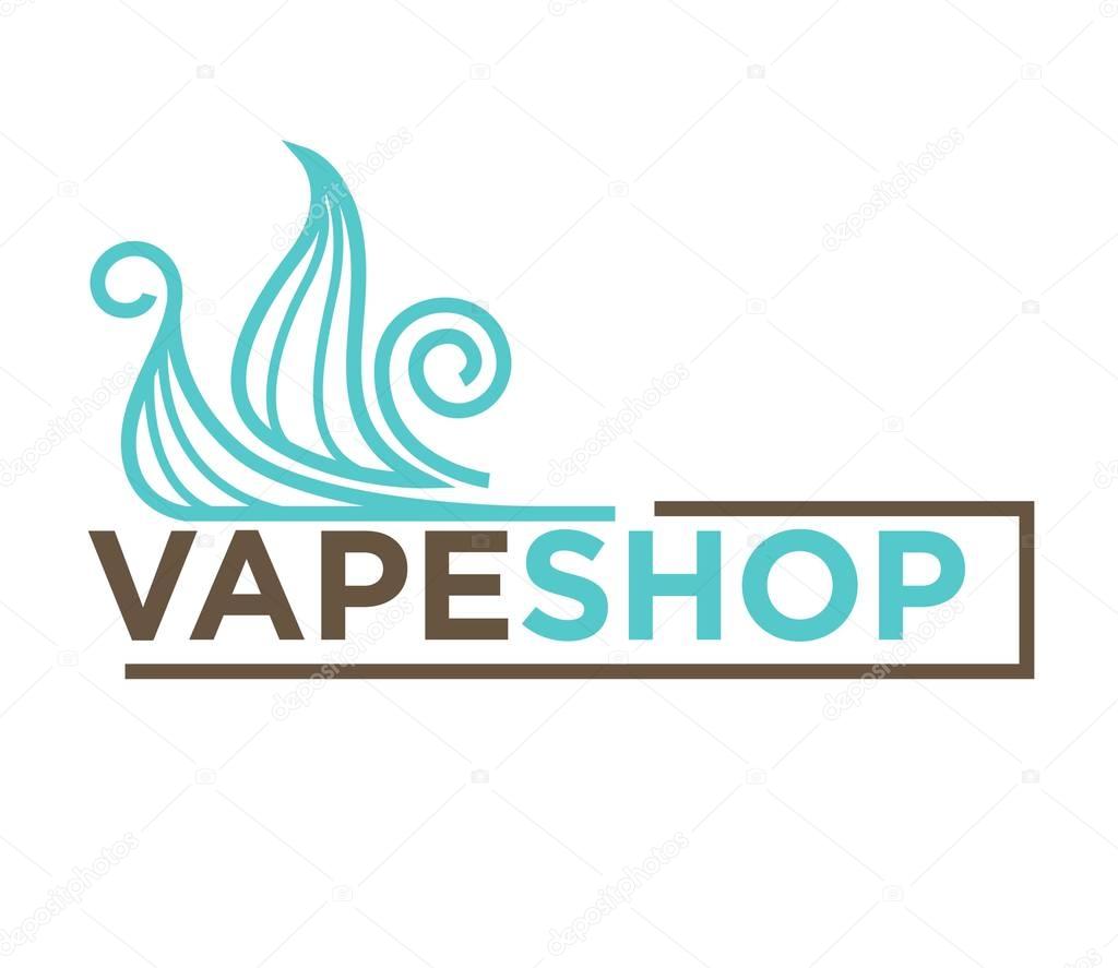Vector illustration of blue colored clouds and vape shop words isolated on white.