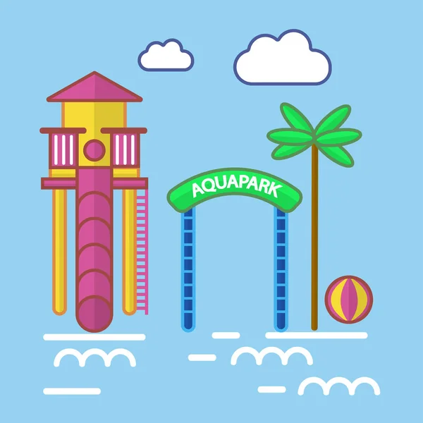Aqua park z slajdów atrakcją i palm tree — Wektor stockowy