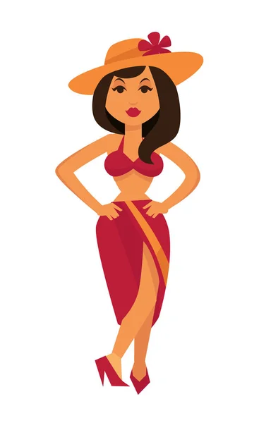 栗色的泳装和草帽的女人 — 图库矢量图片