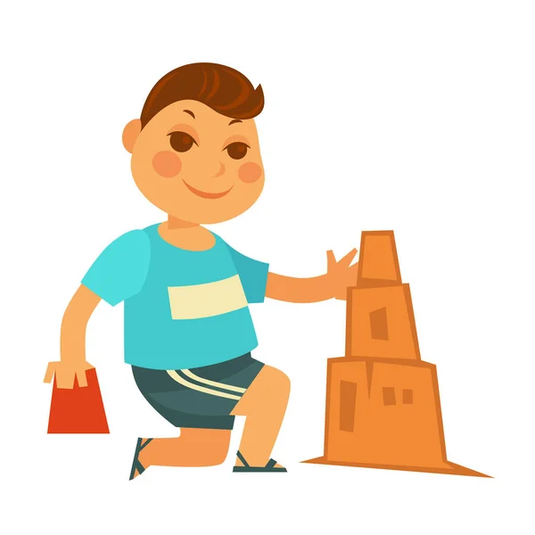 Cartoon little boy builds sand castle — Stock Vector