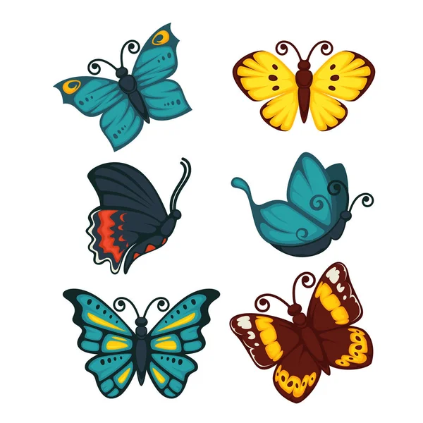 Conjunto de mariposas coloridas de seis — Vector de stock
