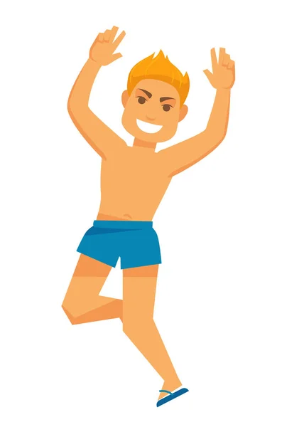 Blond man in blue shorts and flip-flops jumps — Stock Vector