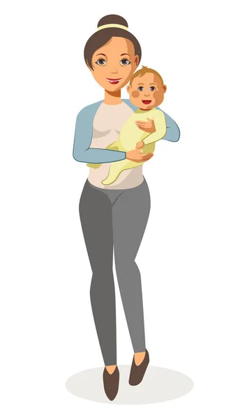 Lopen jonge moeder houdt baby — Stockvector
