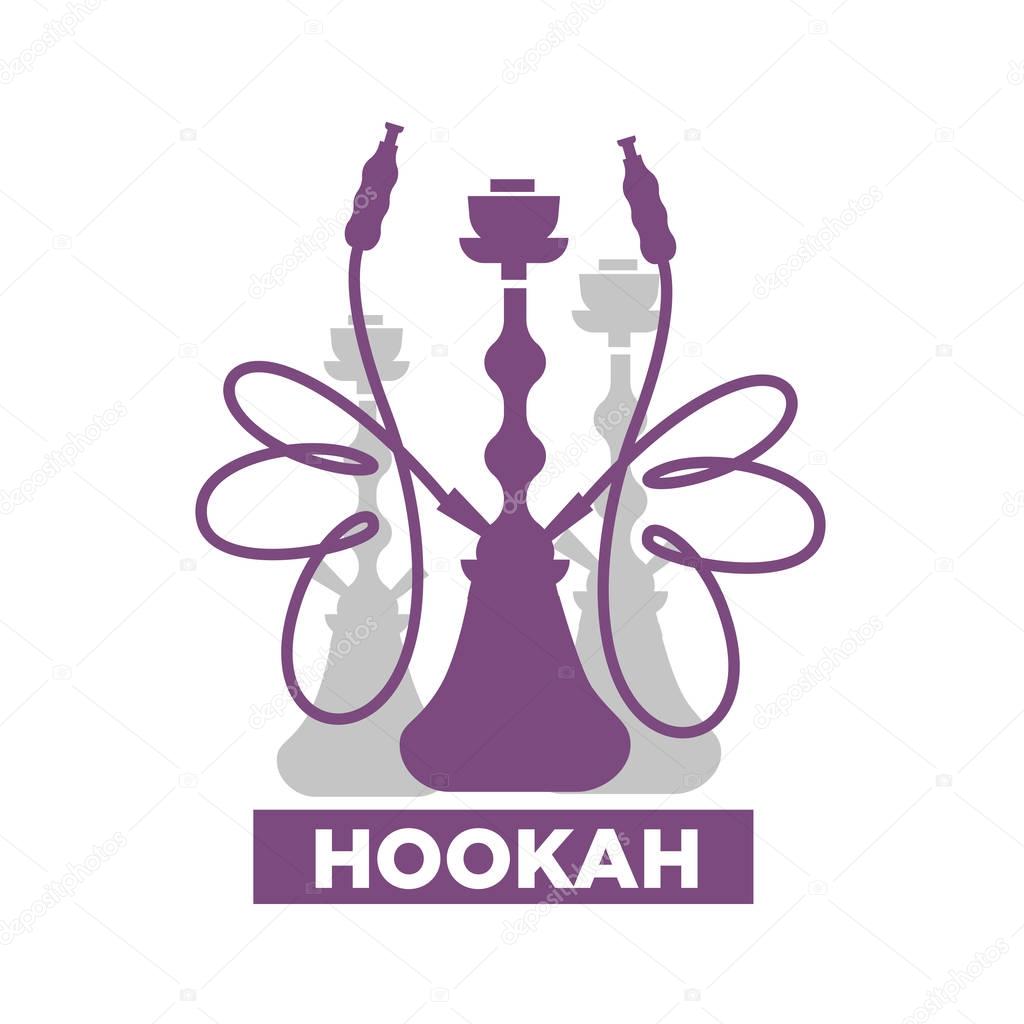 Hookah lounge bar promotional emblem. Shisha with two long curled smoking pipes bright purple and faded grey silhouettes and sign underneath isolated vector illustration on white background.