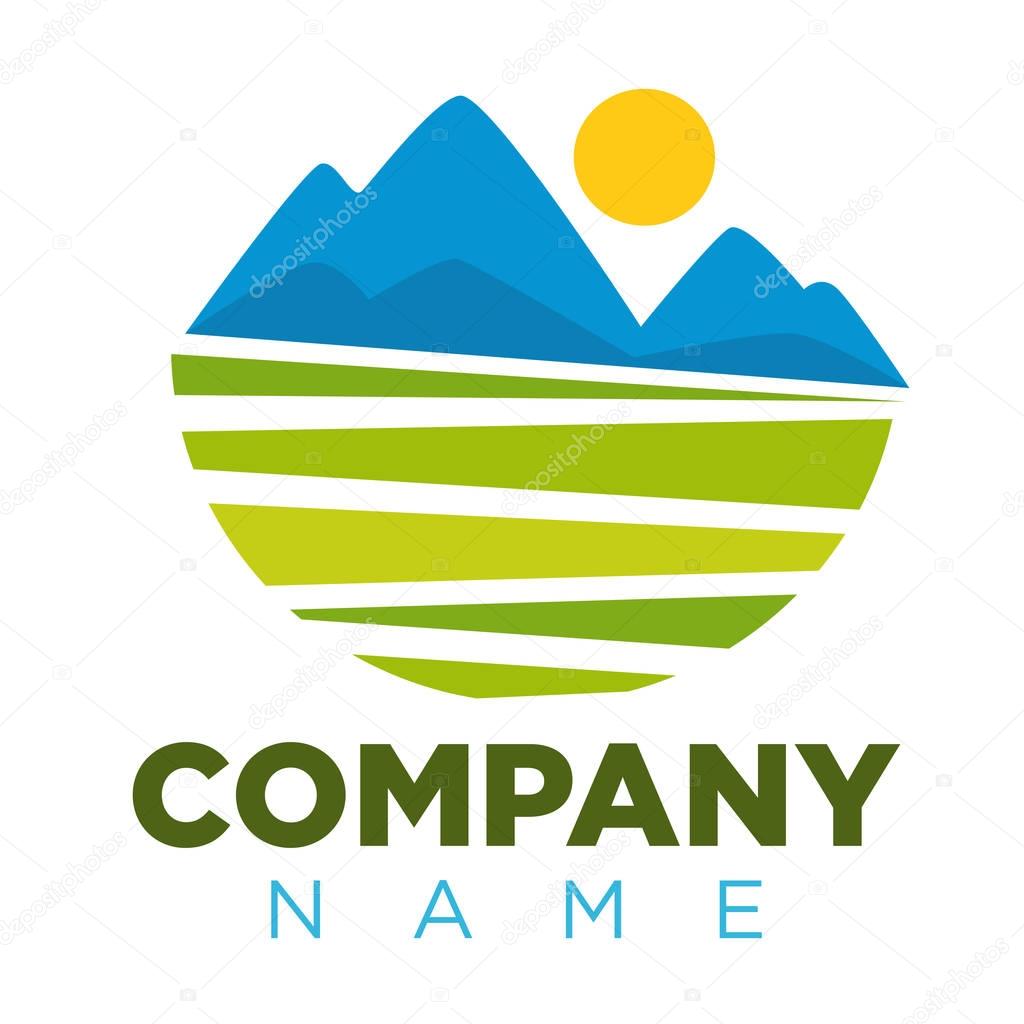 Company logotype with place for name and colorful landscape image. Vector illustration in flat design of badge with graphic green field, blue mountains for establishment and with space for its name