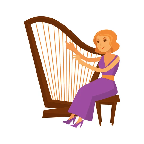 Vrouwelijke musicus in de jurk zitten en spelen van de harp instrument — Stockvector