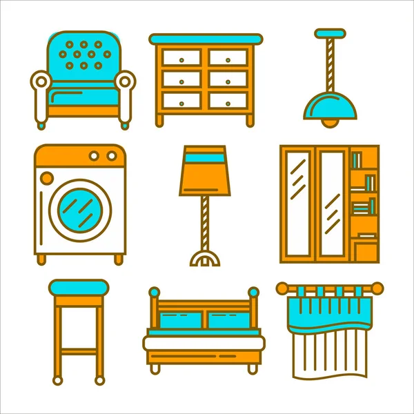 Coloré dessin animé meubles isolés plat illustrations grand ensemble — Image vectorielle