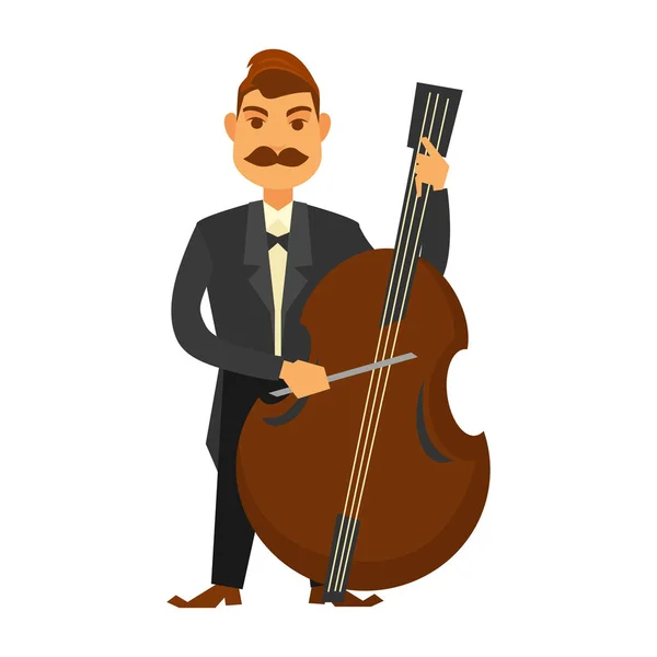 Homme avec moustache jouant contrebasse isolé sur blanc — Image vectorielle