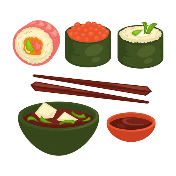 Chinesische und japanische köstliche exotische Lebensmittel Illustrationen Set — Stockvektor