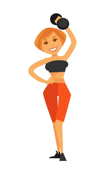 Pretty woman smiles and does morning exercise with dumbbell — Stock Vector