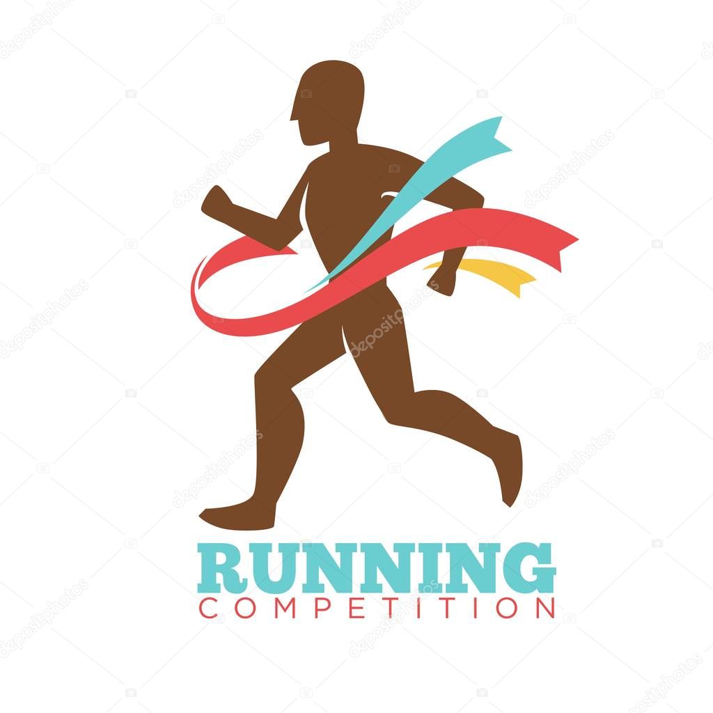 Running competition logo label with male athlete runner silhouette breaking colorful ribbons. Vector illustration in flat design of championship template poster with sporty man winning contest