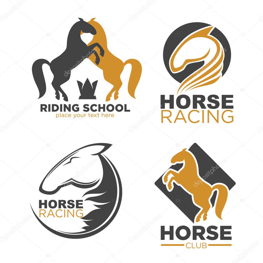 Horse racing club and riding school emblems logo set. Animals on hind legs and head profile with wavy mane isolated vector illustrations on white background. Promotional logotypes with big name signs.