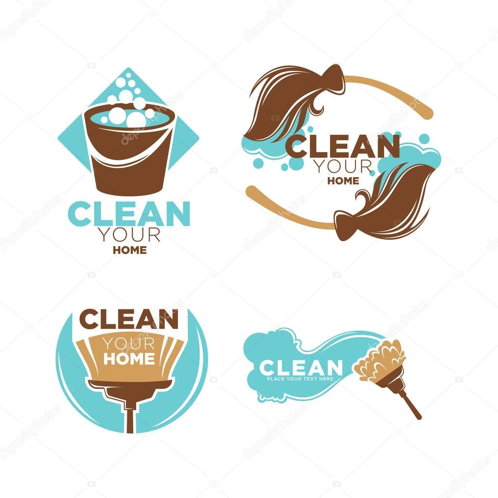 Clean your home service promotional logotypes set with brown bucket full of water and soap, wet vintage brooms, brushes for windows and for dust isolated vector illustrations on white background.
