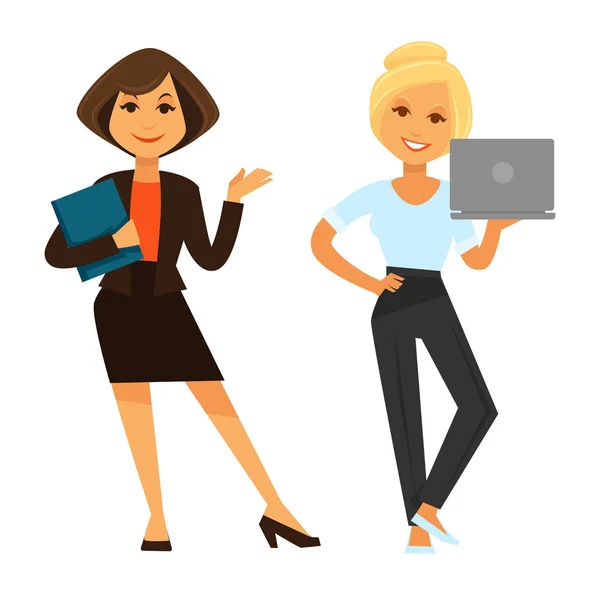 Zwei Geschäftsfrauen halten Laptop und Ordner in der Hand — Stockvektor