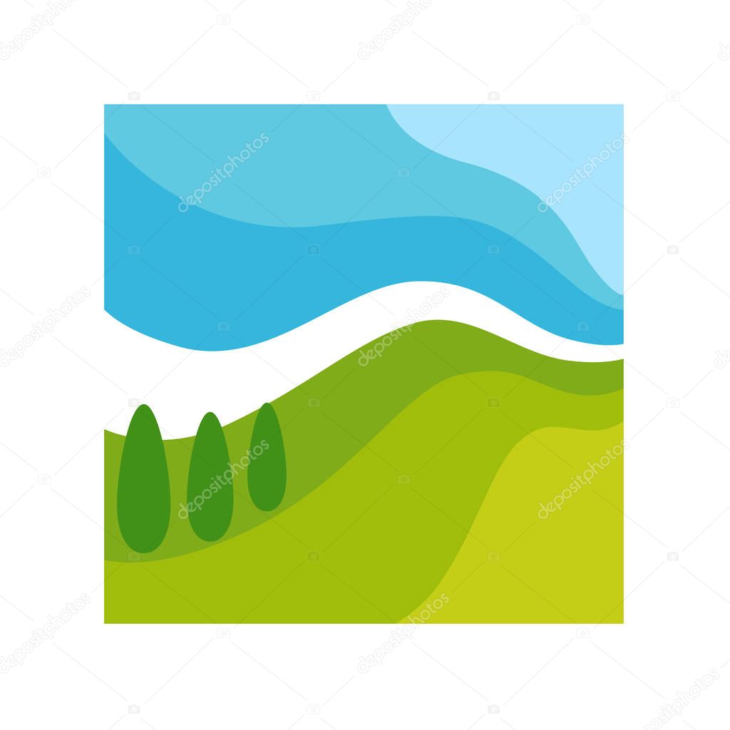 Wild abstract landscape in square framework isolated vector illustration on white background. Blue gradient sky, field covered with green grass, tall cone trees and thick white horizon line.