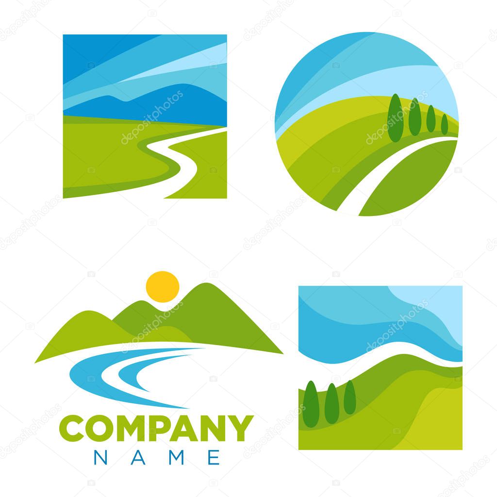 Company logotype with cartoon landscape isolated vector illustrations set. Blue sky, narrow path, green hills, small sun, wide field, river stream and cone tries in round, square or without frame.