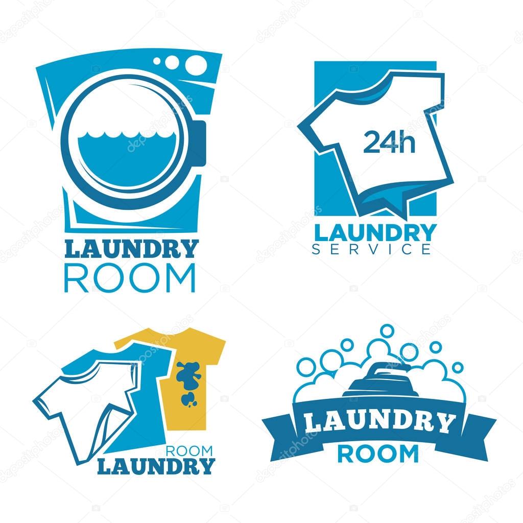 Laundry room service logotypes collection with washing machine, working iron and t-shirts. Vector illustration in flat design of badges presenting company that makes human clothes clean and ironed