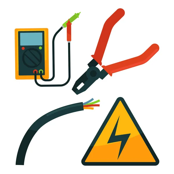 Alicates cerca de la cuerda eléctrica y señal de advertencia en blanco — Vector de stock