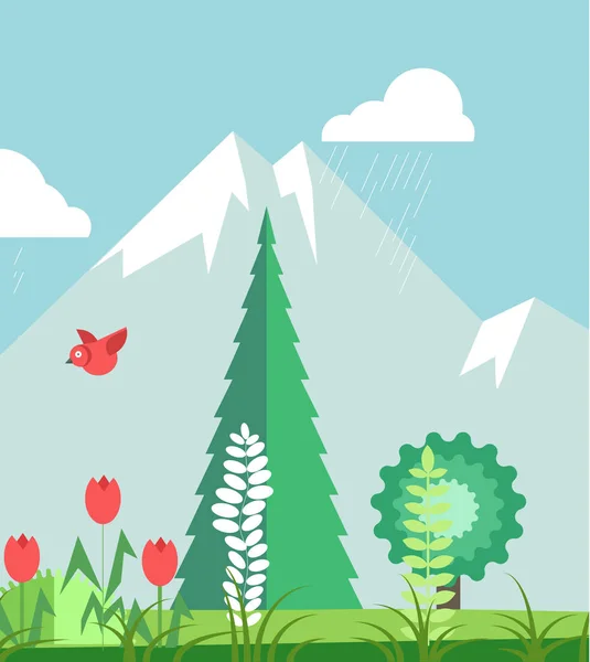 Montaña con tulipanes rojos — Vector de stock