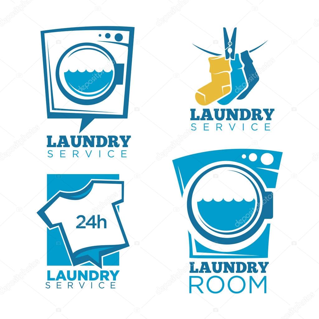 Laundry logo templates or laundry service icons. Set of vector laundry rooms emblems