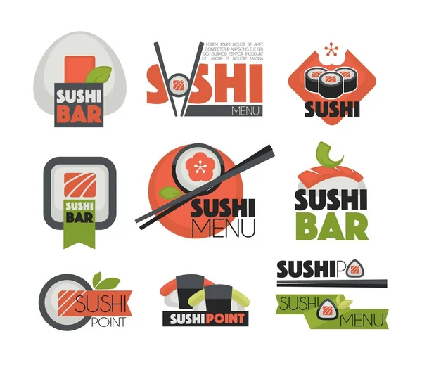 Etiquetas planas de barra de sushi — Vector de stock