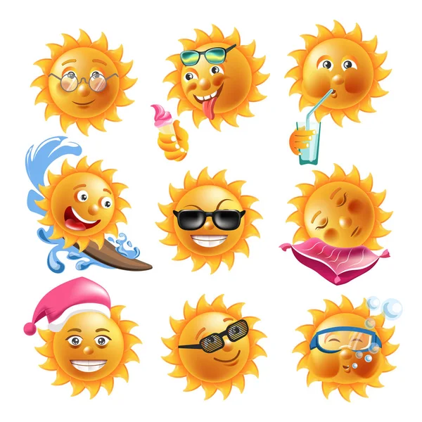 Verão emoji enfrenta ícones conjunto —  Vetores de Stock