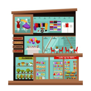 Üç katlı alışveriş merkezi mağazaları ile