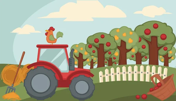 Kırsal manzara ile kırmızı traktör — Stok Vektör