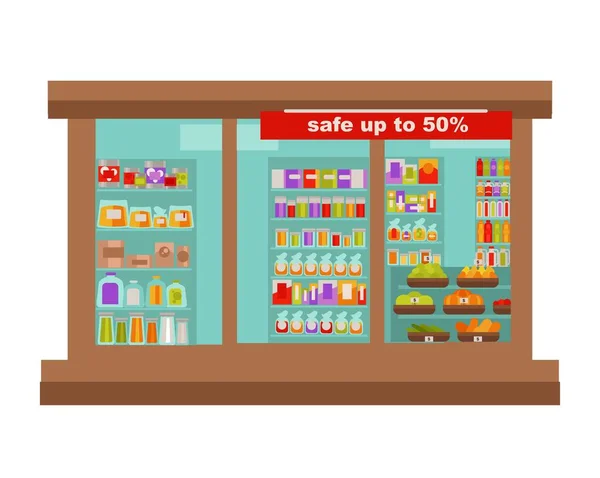 Tienda de supermercados con escaparates — Vector de stock