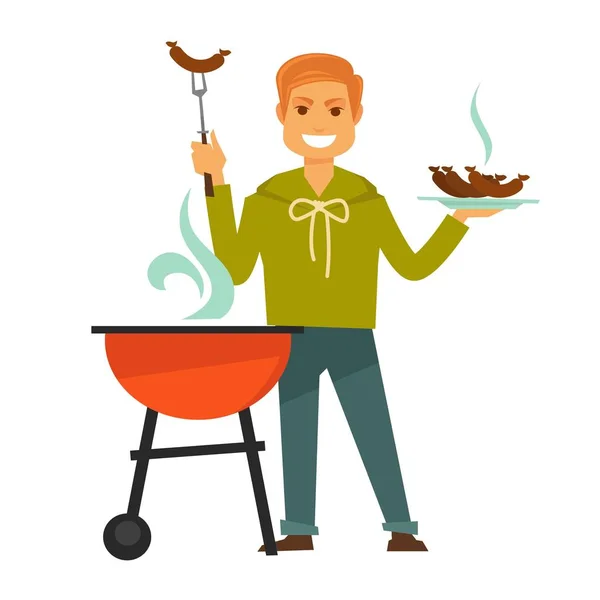 Homem cozinha salsichas de churrasco — Vetor de Stock