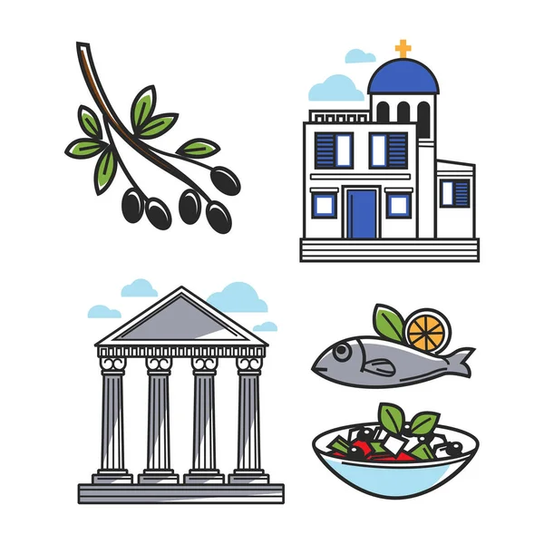 Архитектурные и пищевые символы Греции — стоковый вектор