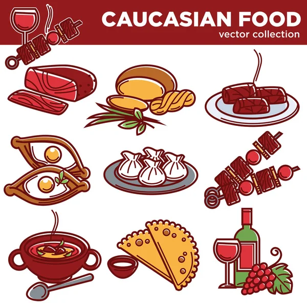 Pratos de comida caucasiana cozinha tradicional — Vetor de Stock