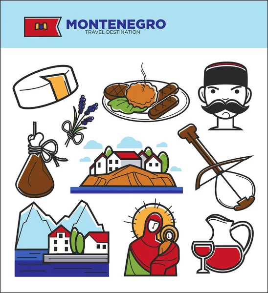 Montenegro turismo de viagens símbolos de referência —  Vetores de Stock