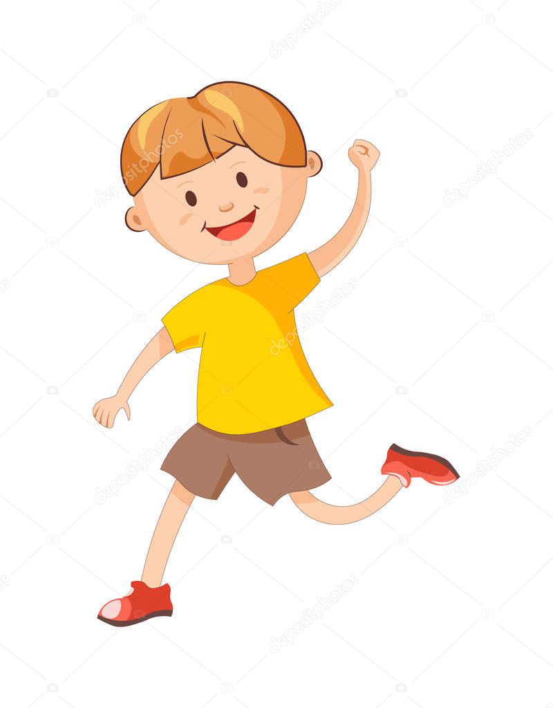 Cheerful boy running with raised hand 