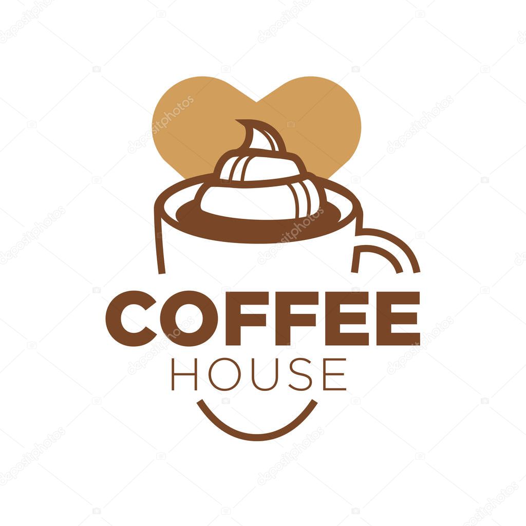 Coffee house logotype with thick sign, big cup full of delicious hot drink with curls of tender cream on top and small heart behind isolated cartoon flat vector illustration on white background.