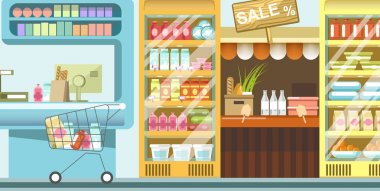 Süpermarket gıda ve sepeti dolu satırlarla