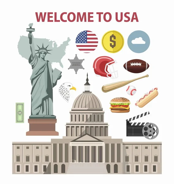 EUA viagens ou ícones de turismo América —  Vetores de Stock