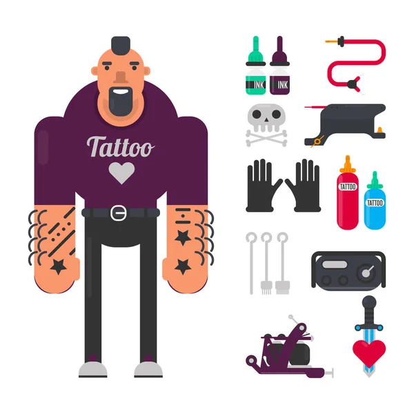 Maestro del tatuaje con equipo de trabajo especial — Vector de stock