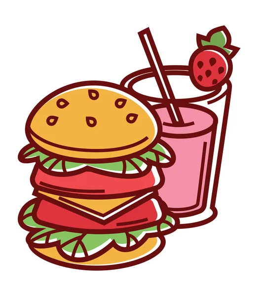 Double burger and strawberry milk shake — Stock Vector