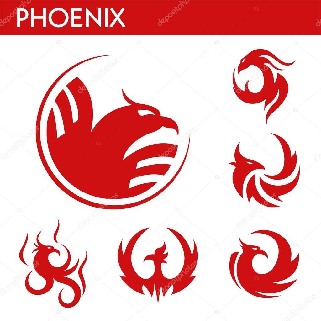 Phoenix bird red logo templates set. Mythic firebird with spread wings symbol of flame fire phoenix bird for business sign or tattoo design. Vector isolated icons set