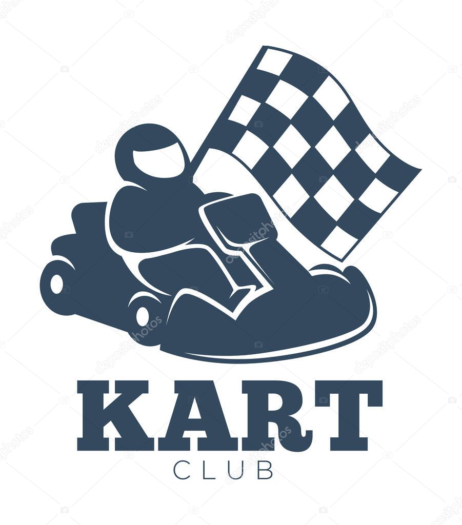 Kart club promotional monochrome emblem with racer in helmet that sits in vehicle and holds checkered flag isolated cartoon flat vector illustrations on white background. Community for extreme people.