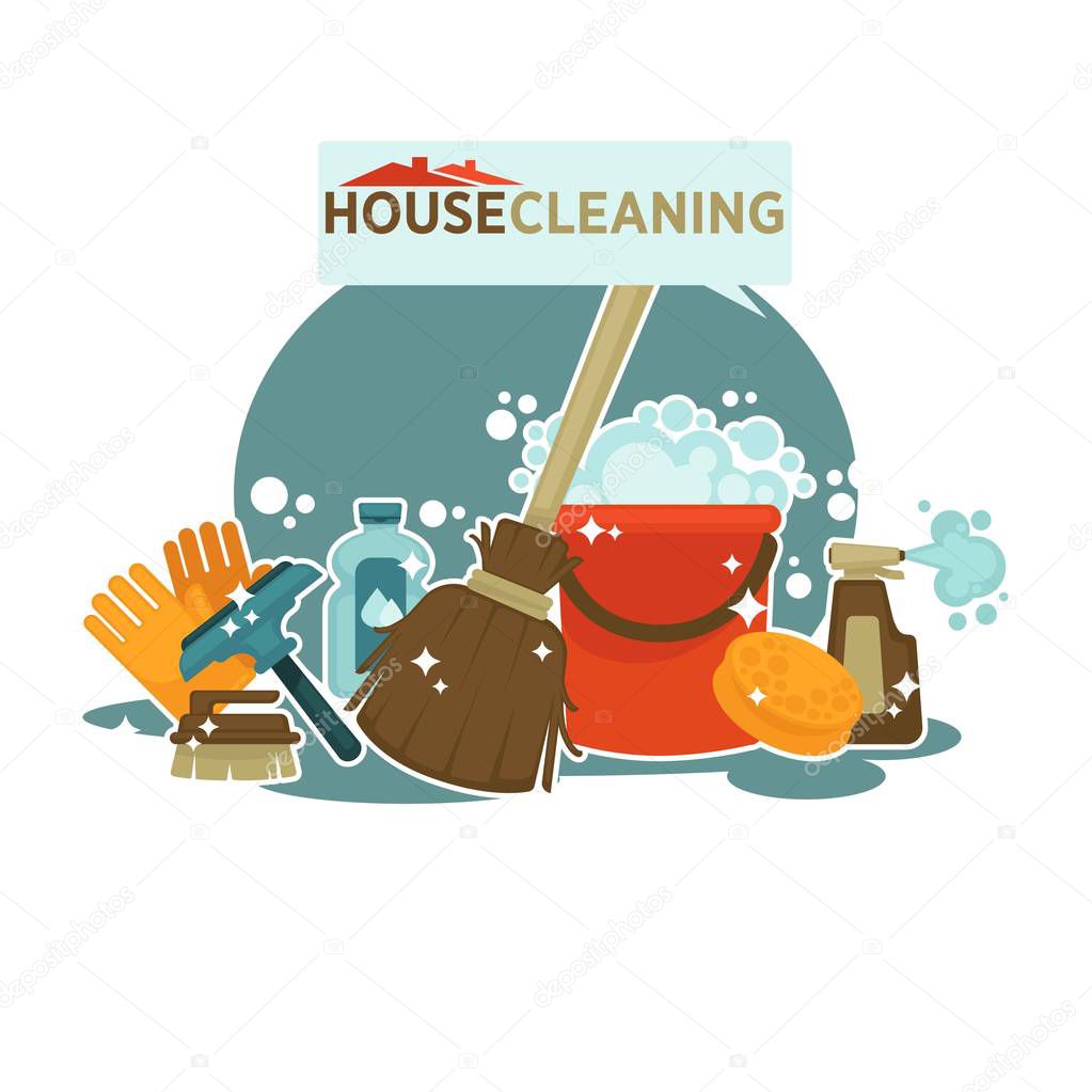 House cleaning service promotional emblem isolated cartoon vector illustration on white background. Brush for windows, rubber gloves, wooden broom, plastic bucket,yellow sponge and bottle with spray.