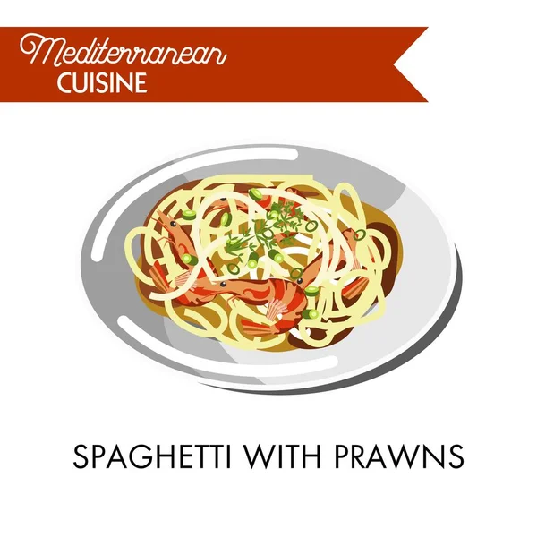 Spaghetti with prawns on plate — Stock Vector