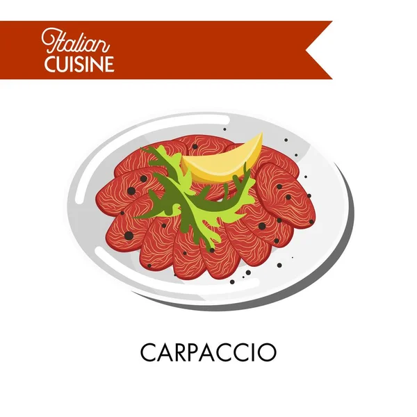 Italiaanse carpaccio met rucola en citroen segment — Stockvector