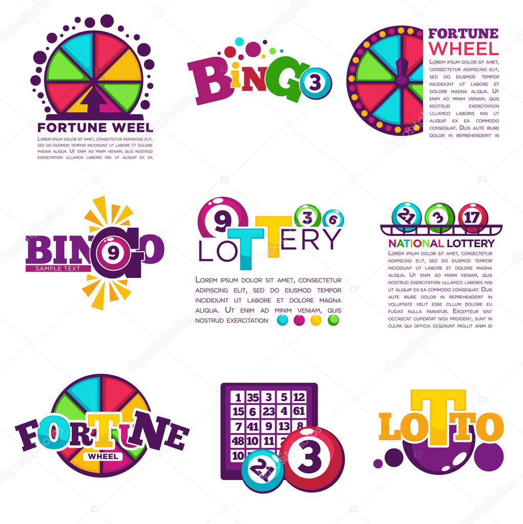 Bingo lotto or national lottery logo templates set. Vector icons of lucky jackpot win balls numbers, prize on fortune wheel roulette and lucky lottery card