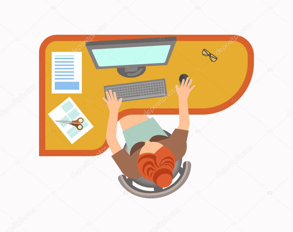 Woman works on computer 